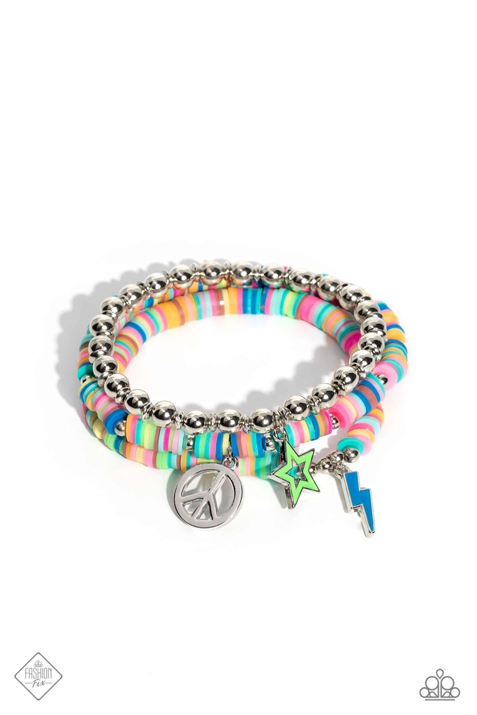 Multi Color Disc Peace Charms Stretch Bracelet Set - Far Out Fashion