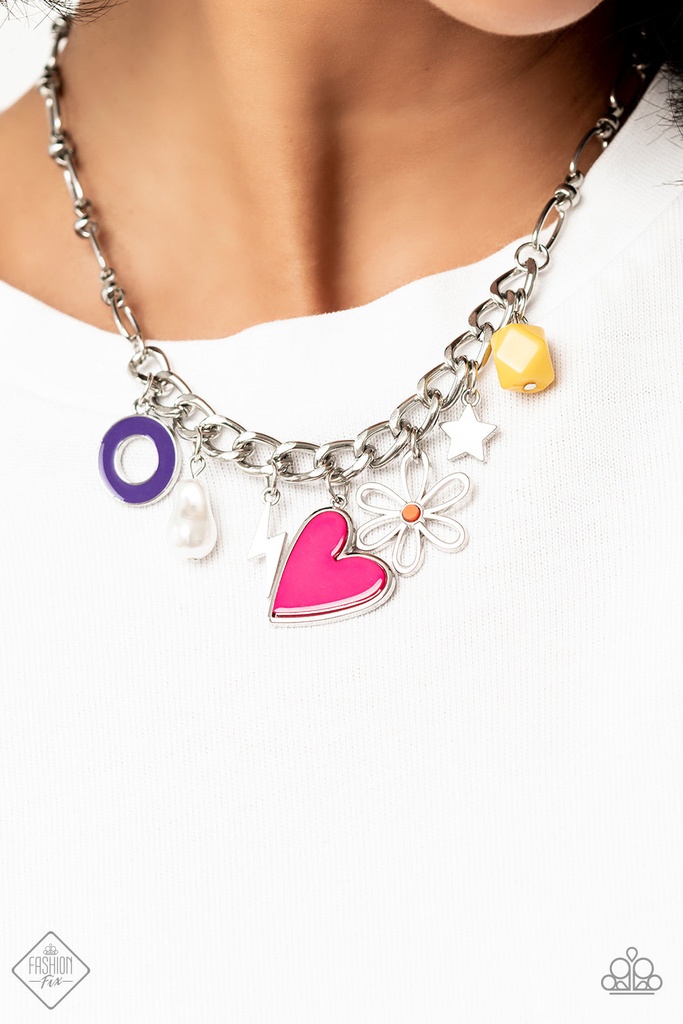 Heart Necklace Charm in Hot Pink, Yellow, Purple in Silver Thick Chain - Living in CHARM-ony