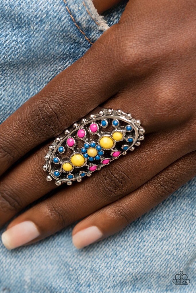 Multi Color Knuckle Ring with Blue Bead Accents and Silver Adjustable Ring Band - Sonoran Solstice