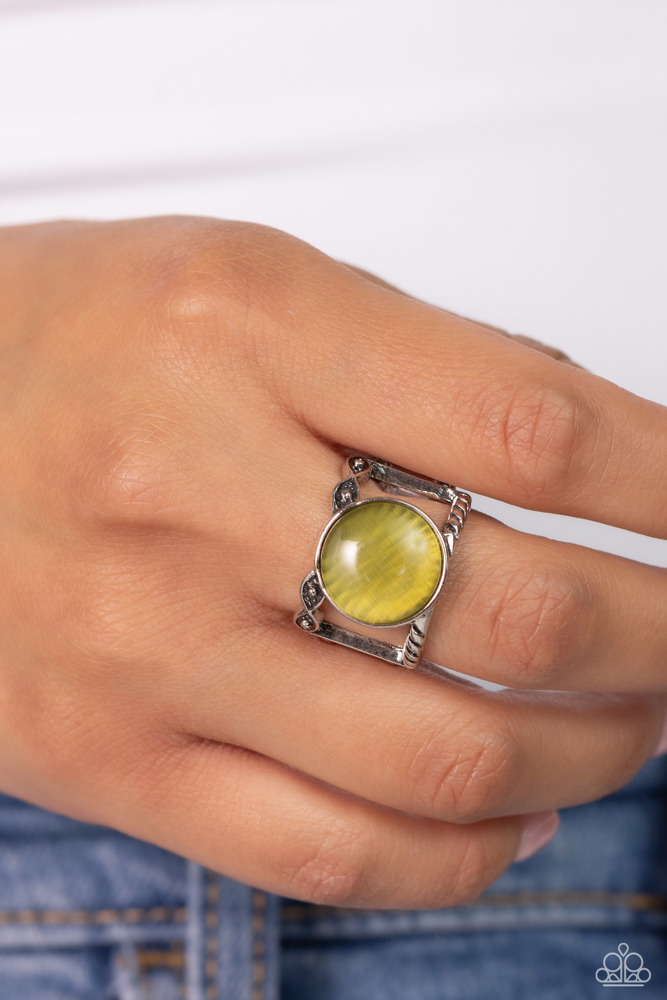 Stretch Ring with Green Moonstone on Silver Adjustable Ring Band Stretchy Jewelry - Clairvoyantly Cat's Eye