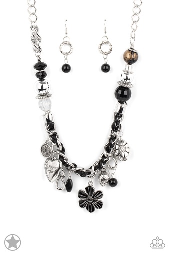 [009] Inspirational Necklace with Black and Silver Charms - Charmed, I Am Sure