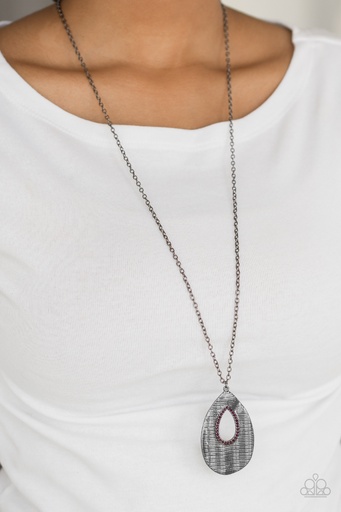 [045] Purple Necklace Pendant in Long Gunmetal Chain - Stop, TEARDROP, and Roll