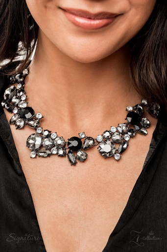 [368] Statement Necklace Black, Smoky Gray and Clear Crystals in Gunmetal - The Kim