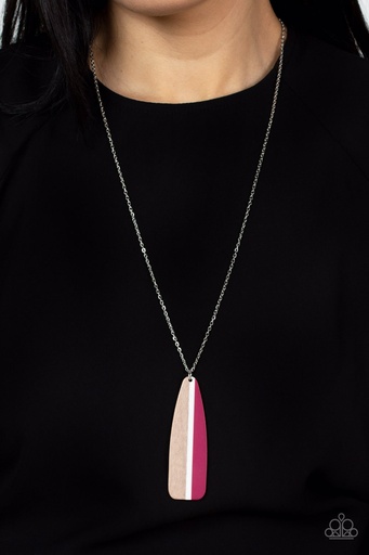 [300] Wood Necklace Paddle with Pink and White Design in Dainty Silver Chain - Grab a Paddle