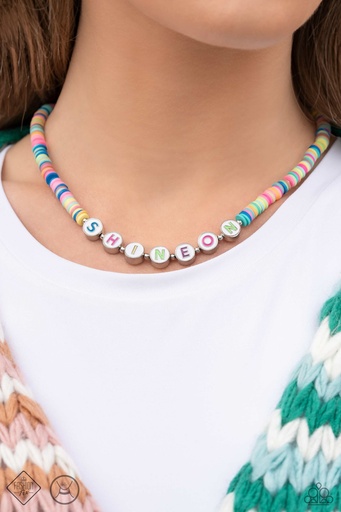 [480-NC] Multi Color Clay Disc Choker Message Necklace - Shine On - Psychedelic Glow