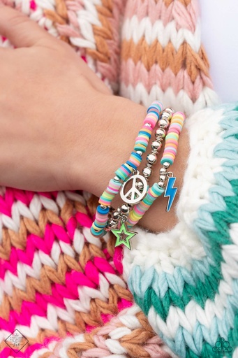 [480-B] Multi Color Disc Peace Charms Stretch Bracelet Set - Far Out Fashion